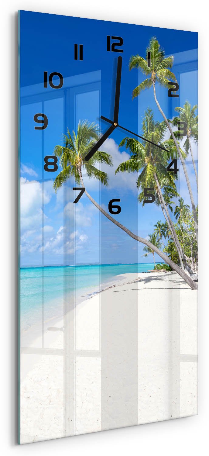 Tulup Wandklok - Tropisch strand Decoratieve Glazen Klok - 30x60 cm - Blauw Glazen Wandklok Design - Zwarte handen - Rechthoekige Klok - Glazen Klok Met Print - Wandklok Glas Met Motief