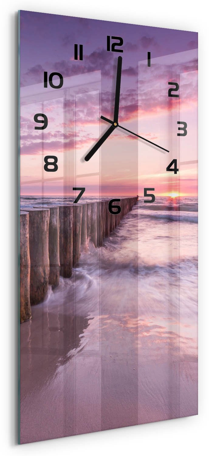 Tulup Wandklok - Golfbreker Wandklok Glas Met Motief - 30x60 cm - Roze Decoratieve Glazen Klok - Zwarte handen - Rechthoekige Klok - Gekleurde Glazen Klok - Glazen Klok Met Print