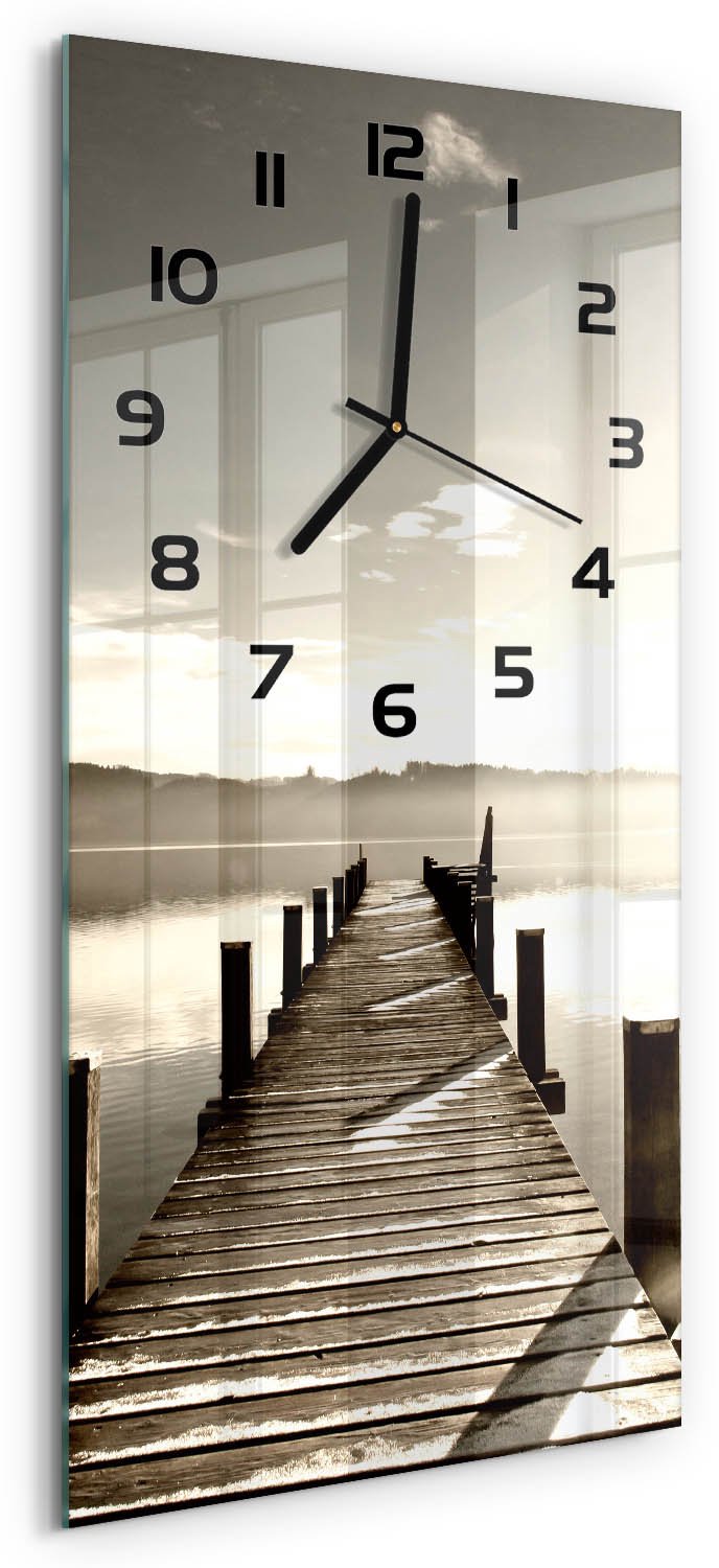 Tulup Wandklok - Houten brug Wandklok Glas Met Motief - 30x60 cm - Bruin Decoratieve Glazen Klok - Zwarte handen - Rechthoekige Klok - Gekleurde Glazen Klok - Glazen Klok Met Print
