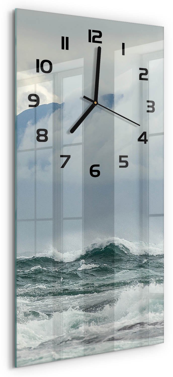 Tulup Wandklok - Ruwe zee Wandklok Glas Decoratie - 30x60 cm - Bruin Gekleurde Glazen Klok - Zwarte handen - Rechthoekige Klok - Klok Glas Met Opdruk - Moderne Wandklok Glas