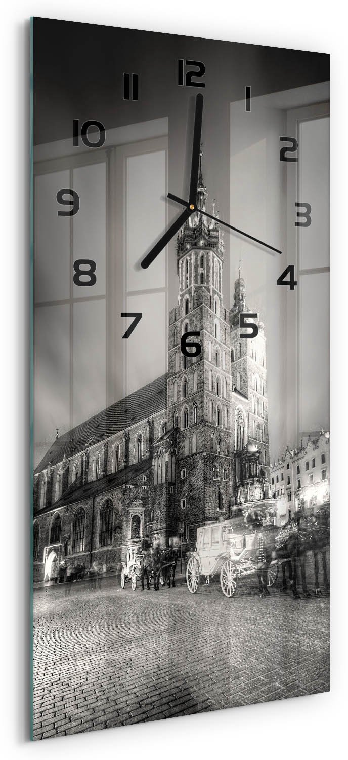 Tulup Wandklok - Krakau, Polen Wandklok Glas Met Motief - 30x60 cm - Zwart-wit Decoratieve Glazen Klok - Zwarte handen - Rechthoekige Klok - Gekleurde Glazen Klok - Glazen Klok Met Print