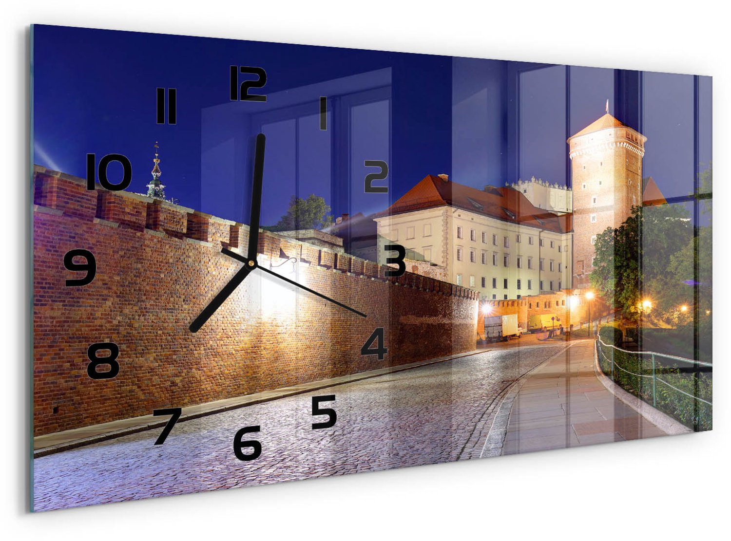 TULUP Wandklok - Krakau, Polen Wandklok Glas Met Motief - 60x30 cm - Veelkleurig Decoratieve Glazen Klok - Zwarte handen - Rechthoekige Klok - Gekleurde Glazen Klok - Glazen Klok Met Print