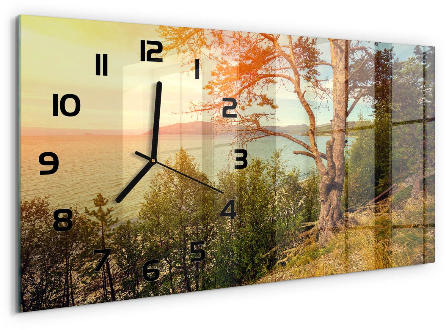 TULUP Wandklok - Scandinavisch meer Glazen Wandklok Design - 60x30 cm - Groente Klok Glas Met Opdruk - Zwarte handen - Rechthoekige Klok - Wandklok Glas Met Motief - Decoratieve Glazen Klok