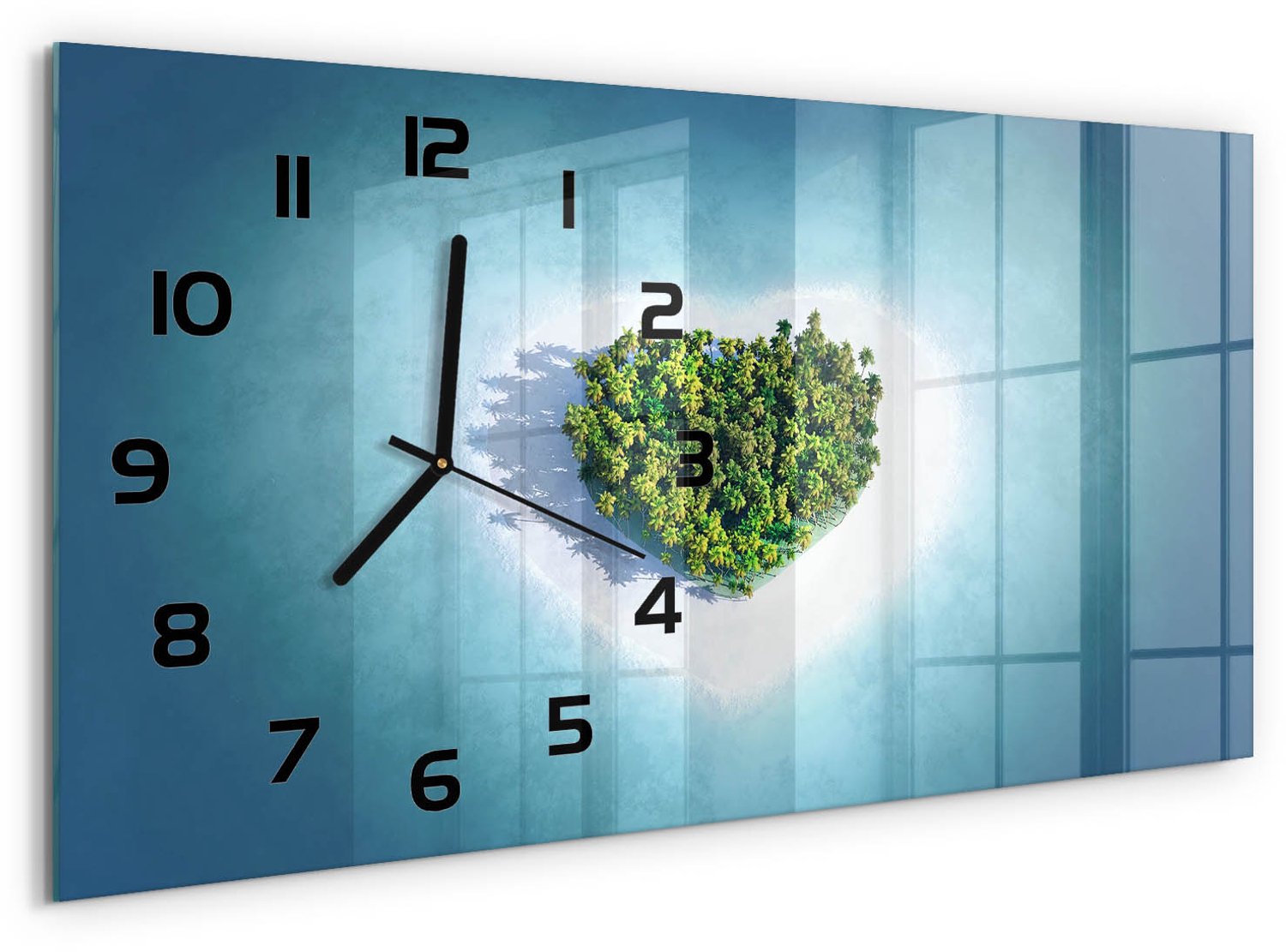 TULUP Wandklok - Hartvormig eiland Decoratieve Glazen Klok - 60x30 cm - Blauw Glazen Wandklok Design - Zwarte handen - Rechthoekige Klok - Glazen Klok Met Print - Wandklok Glas Met Motief