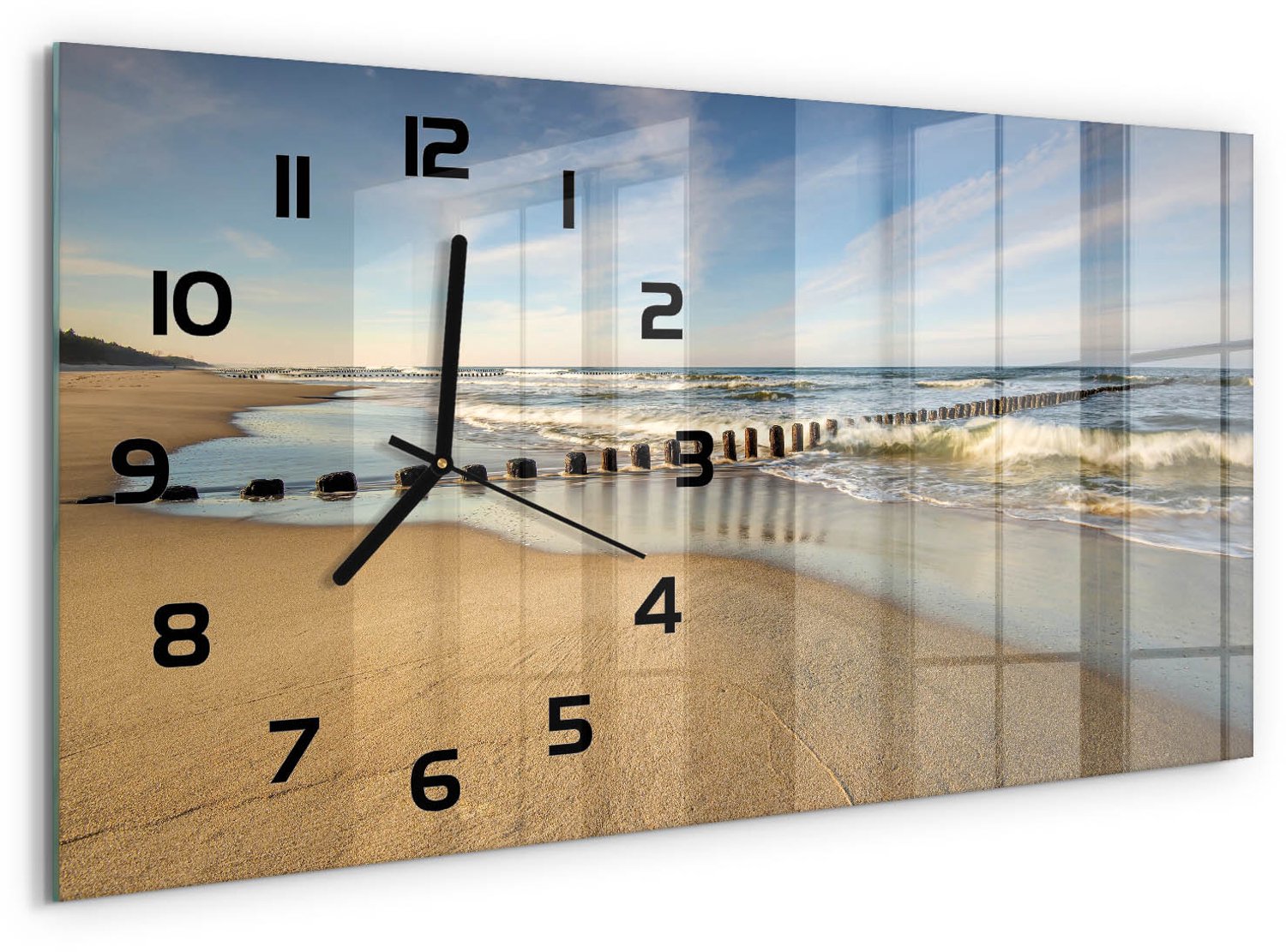 TULUP Wandklok - Strand aan de Oostzee Wandklok Glas Met Motief - 60x30 cm - Blauw Decoratieve Glazen Klok - Zwarte handen - Rechthoekige Klok - Gekleurde Glazen Klok - Glazen Klok Met Print