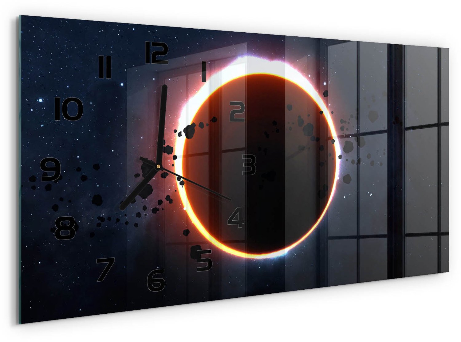 TULUP Wandklok - zonsverduistering Klok Glas Met Opdruk - 60x30 cm - Oranje Moderne Wandklok Glas - Zwarte handen - Rechthoekige Klok - Decoratieve Glazen Klok - Glazen Wandklok Design