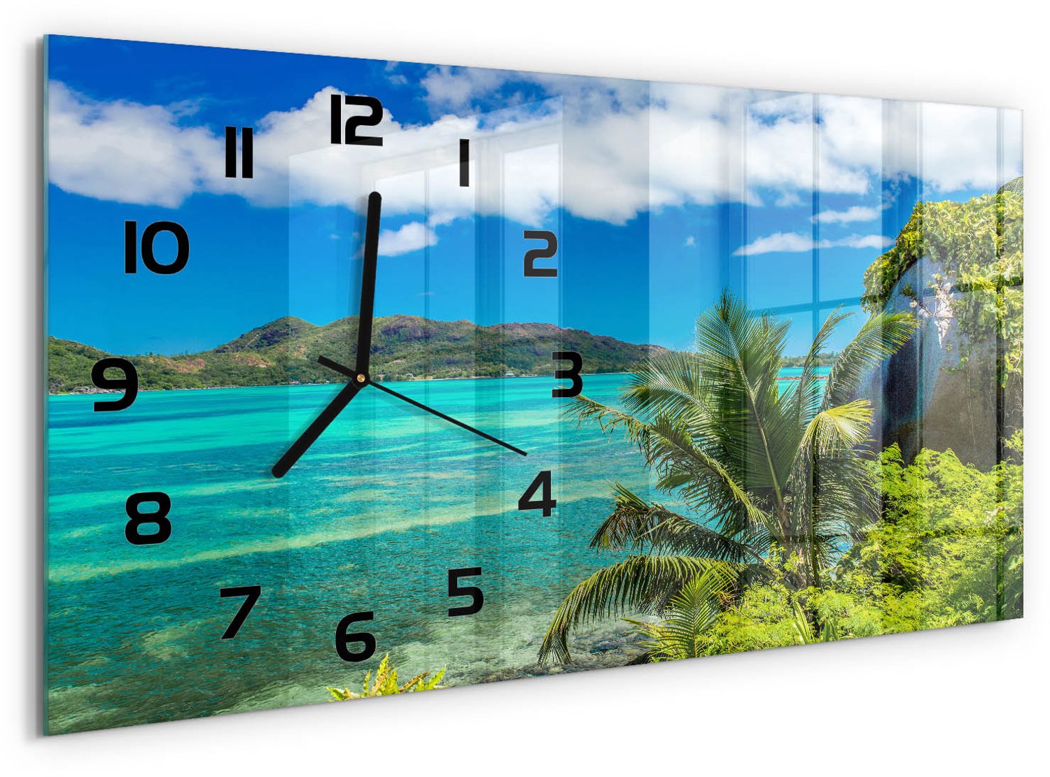 TULUP Wandklok - kust van de Seychellen Glazen Klok Met Print - 60x30 cm - Veelkleurig Wandklok Glas Met Motief - Zwarte handen - Rechthoekige Klok - Wandklok Glas Decoratie - Gekleurde Glazen Klok