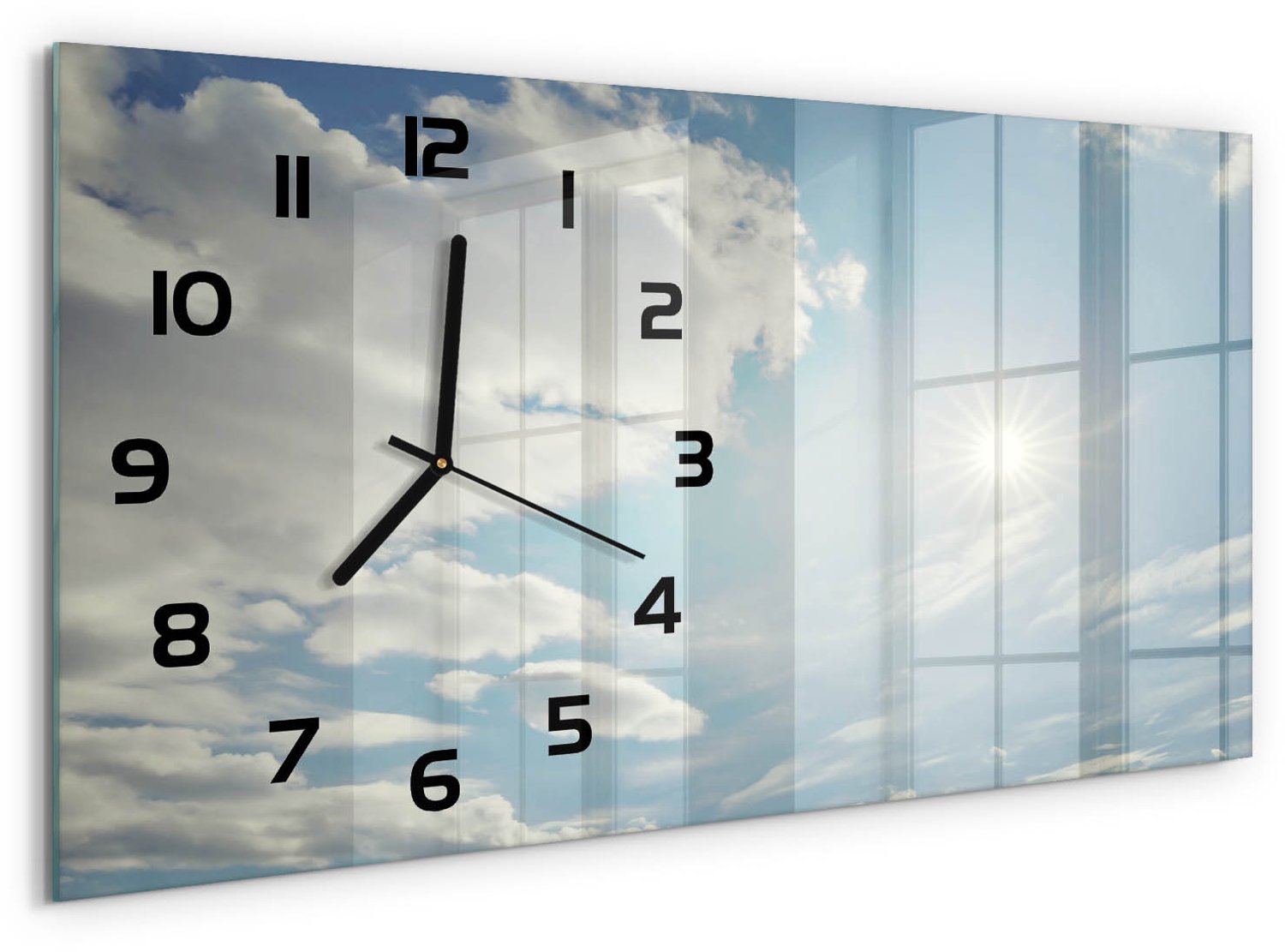 TULUP Wandklok - De zon aan de hemel Wandklok Glas Decoratie - 60x30 cm - Blauw Gekleurde Glazen Klok - Zwarte handen - Rechthoekige Klok - Klok Glas Met Opdruk - Moderne Wandklok Glas