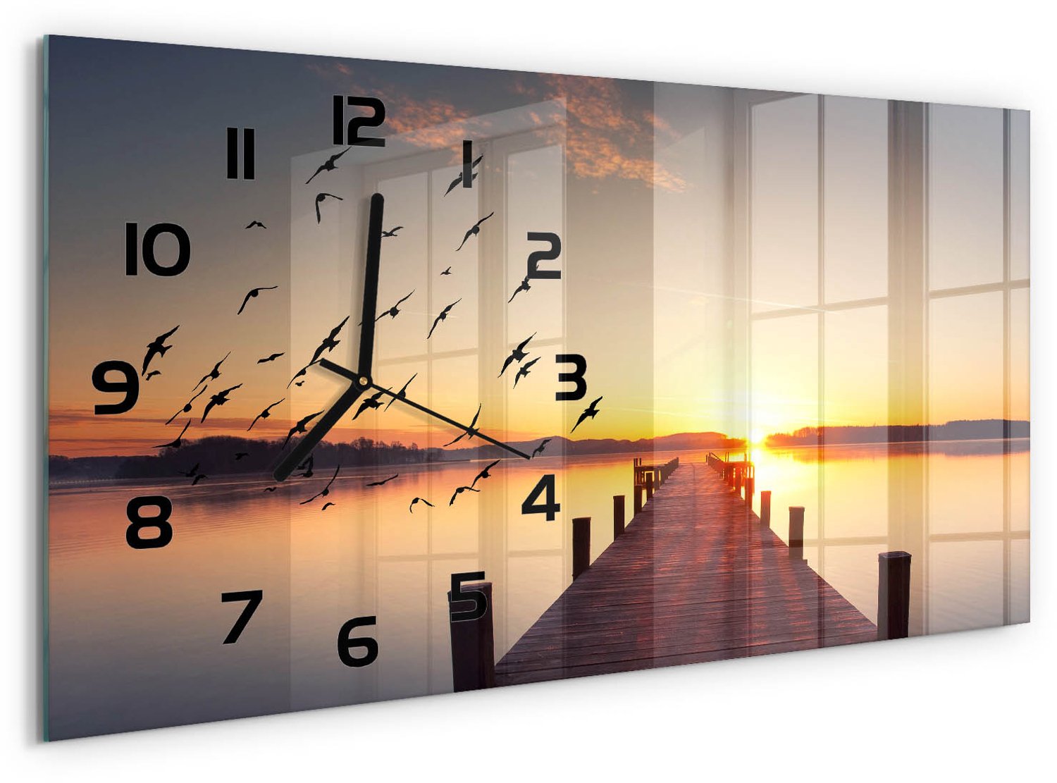 TULUP Wandklok - Zonsondergang Moderne Wandklok Glas - 60x30 cm - Geel Wandklok Glas Decoratie - Zwarte handen - Rechthoekige Klok - Glazen Wandklok Design - Klok Glas Met Opdruk