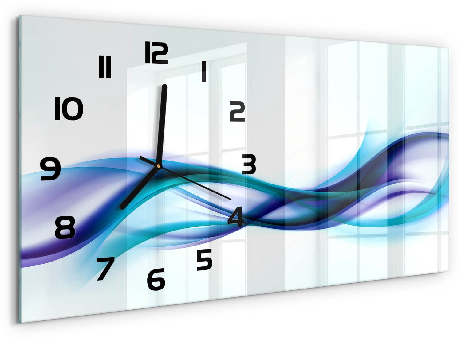 TULUP Wandklok - Golfabstractie Gekleurde Glazen Klok - 60x30 cm - Blauw Glazen Klok Met Print - Zwarte handen - Rechthoekige Klok - Moderne Wandklok Glas - Wandklok Glas Decoratie