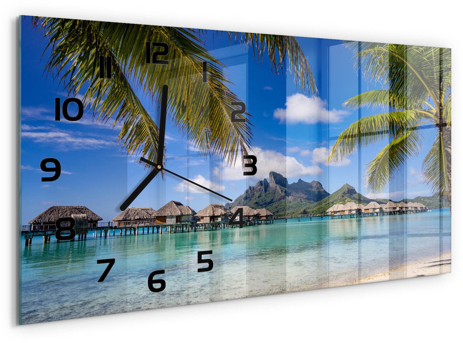 TULUP Wandklok - Palmbomen in Bora Bora Klok Glas Met Opdruk - 60x30 cm - Veelkleurig Moderne Wandklok Glas - Zwarte handen - Rechthoekige Klok - Decoratieve Glazen Klok - Glazen Wandklok Design