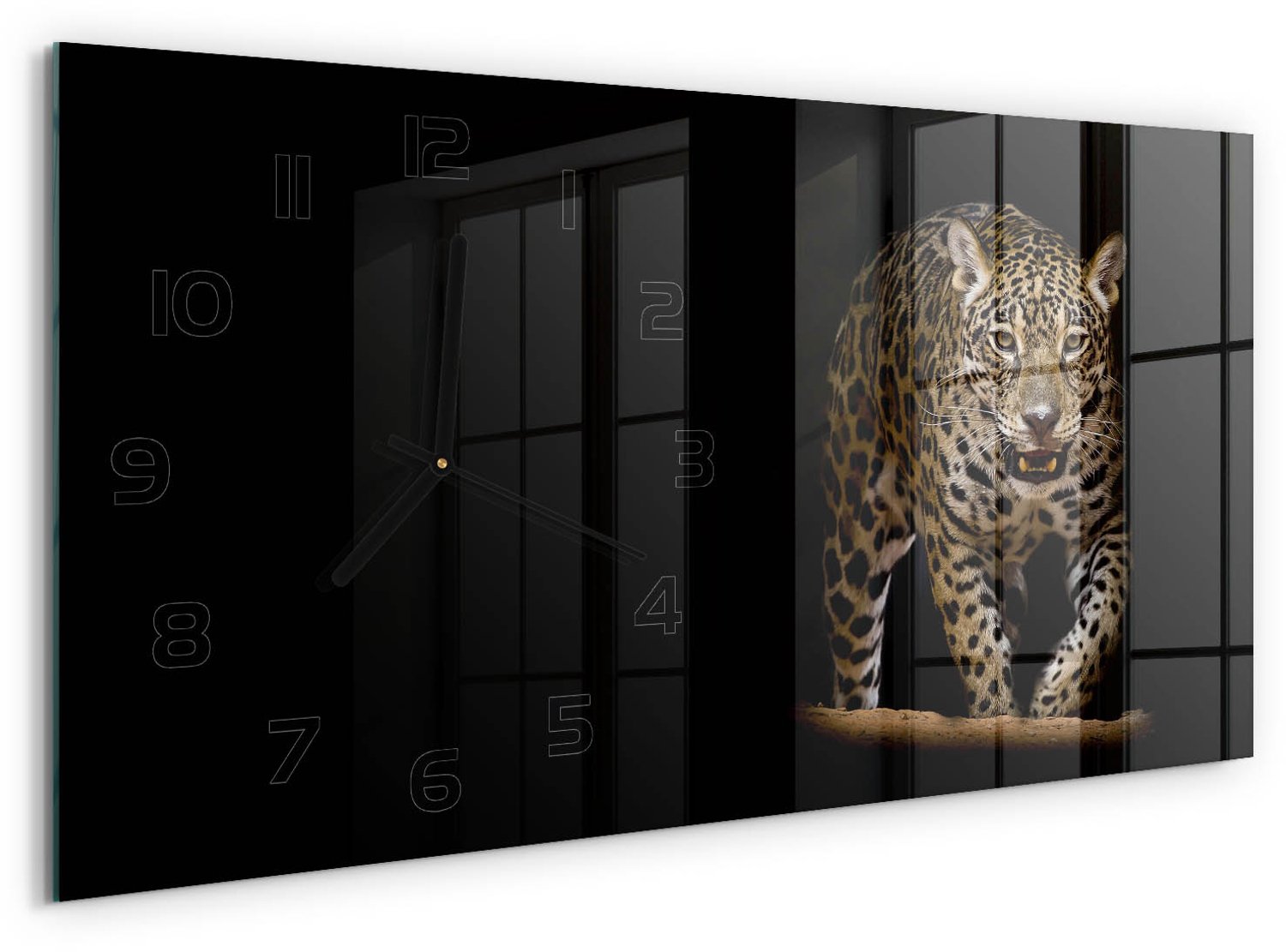 TULUP Wandklok - Jaguar Wandklok Glas Met Motief - 60x30 cm - Zwart Decoratieve Glazen Klok - Zwarte handen - Rechthoekige Klok - Gekleurde Glazen Klok - Glazen Klok Met Print
