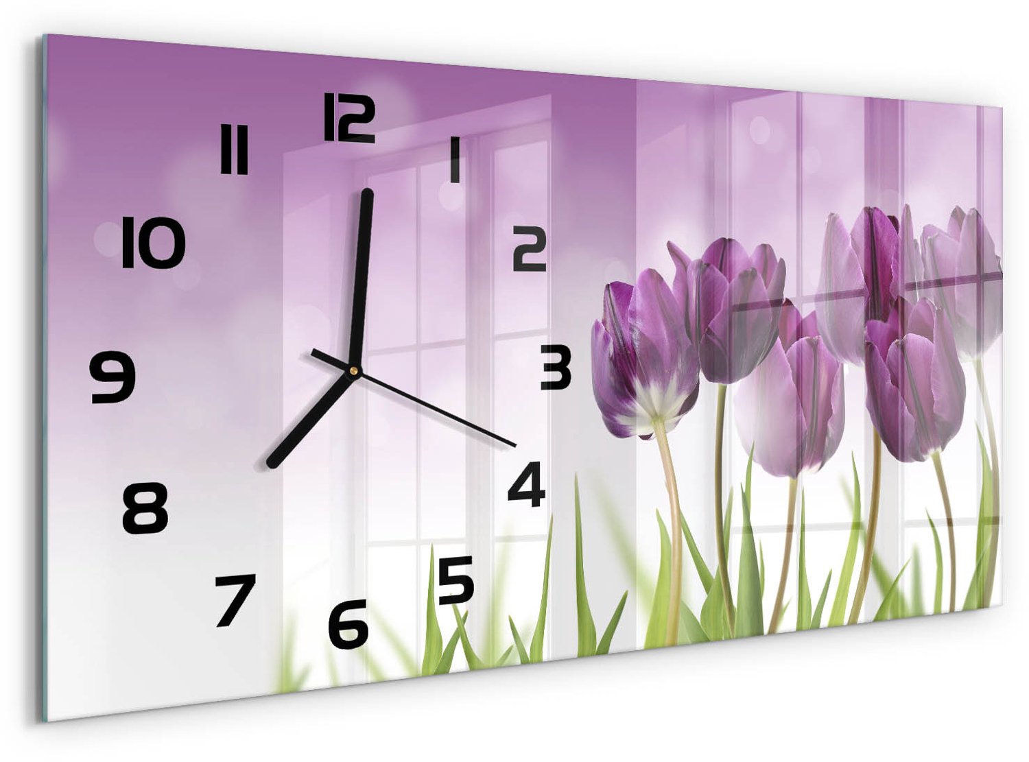 TULUP Wandklok - Filet Tulpen Glazen Wandklok Design - 60x30 cm - Paars Klok Glas Met Opdruk - Zwarte handen - Rechthoekige Klok - Wandklok Glas Met Motief - Decoratieve Glazen Klok