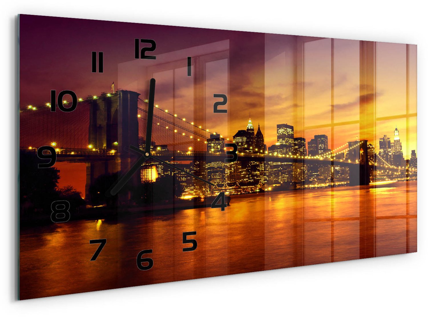 TULUP Wandklok - Brooklynbrug Wandklok Glas Decoratie - 60x30 cm - Oranje Gekleurde Glazen Klok - Zwarte handen - Rechthoekige Klok - Klok Glas Met Opdruk - Moderne Wandklok Glas