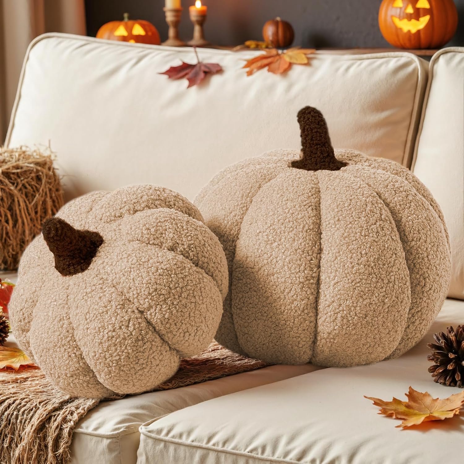 Sierkussen - Herfst Pompoen Kussens - 3D Vorm - Zachte Pluche - Voor Bank en Decoraties voor Thanksgiving of Halloween - 23 cm + 30 cm - Beige - 2 stuks