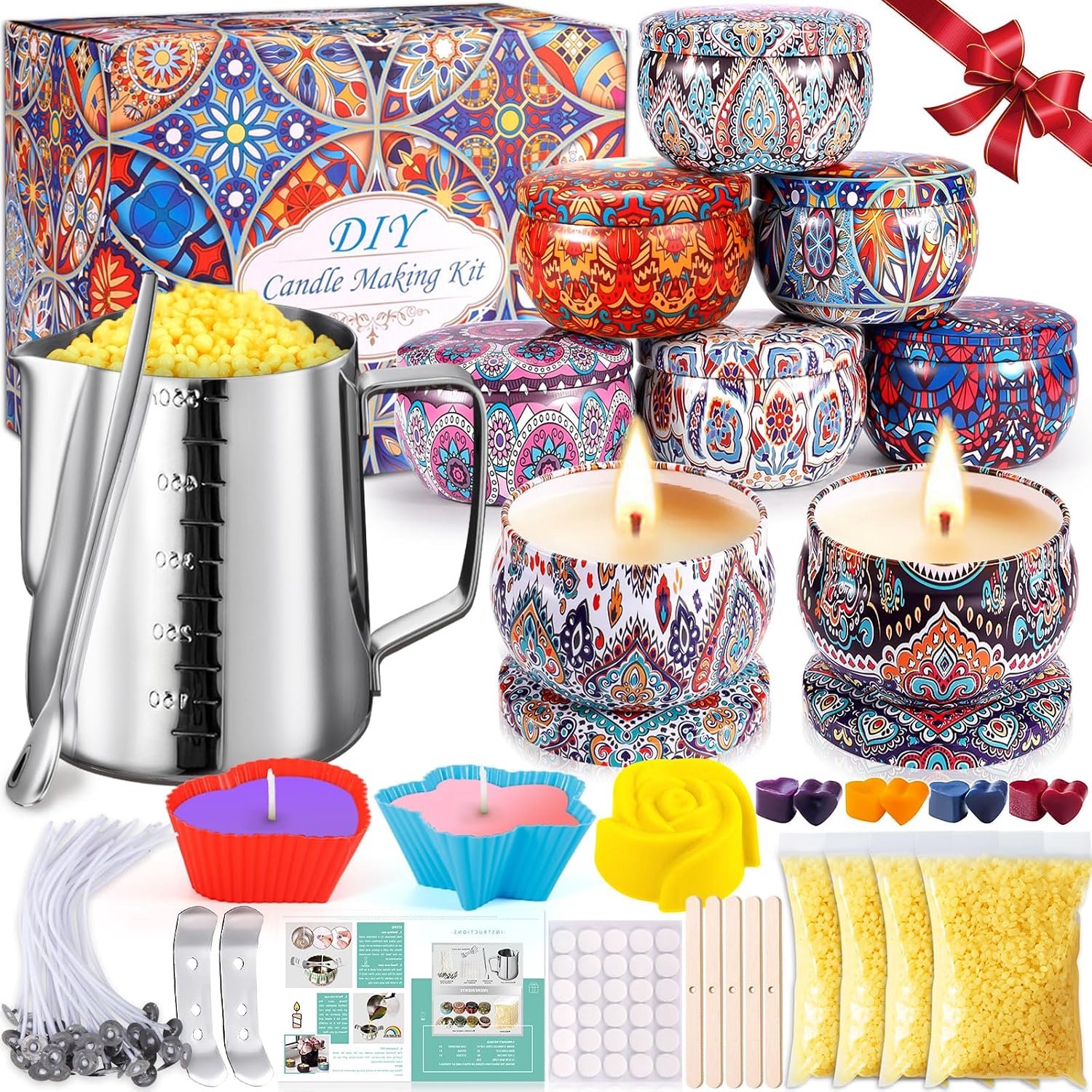 Kaarsen Maken Set - DIY Geurkaars Geschenken Kit Met Bijenwas, Lonten, 8 Blikjes, 4 Kleurstoffen, Siliconen Vorm en Accessoires