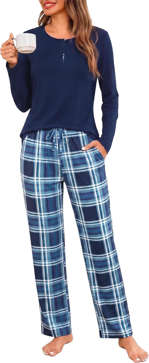 Henley-hals, geruite pyjamaset, nachtkleding met