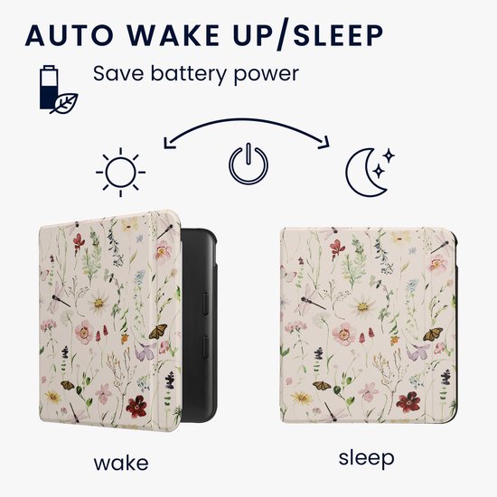 kwmobile e-reader hoesje geschikt voor Kobo Libra Colour hoes - E reader flip case met magnetische sluiting - Ereader cover - Daisy-varens design in wit / geel / groen — afbeelding 5