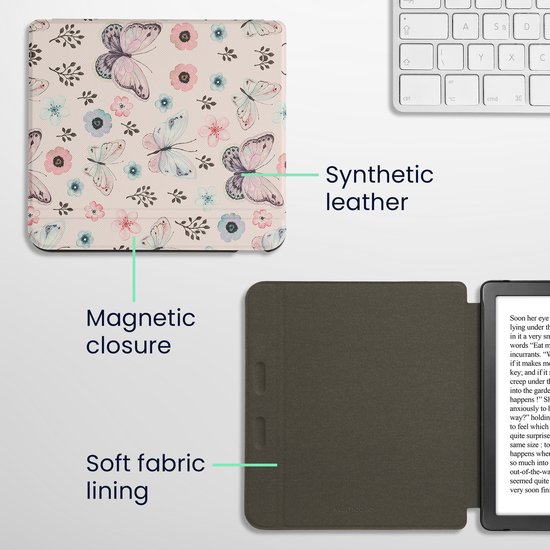kwmobile e-reader hoesje geschikt voor Kobo Libra Colour hoes - E reader flip case met magnetische sluiting - Ereader cover - Vlinderanemoon design in wit / licht oudroze / vintage groen — afbeelding 2