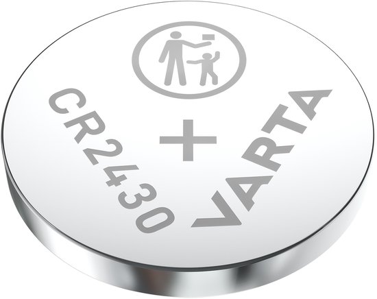 Varta CR2430 lithium knoopcelbatterij met "niet inslikken" symbool, zilverkleurig.