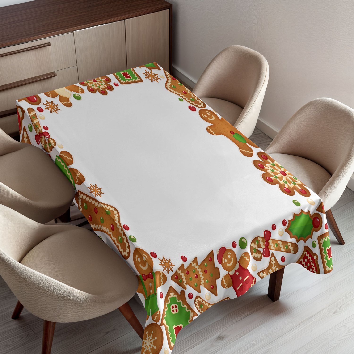ABAKUHAUS Kerst Tafelkleed, Smaak van het Kerstseizoen met Kader van Peperkoek en Koekjes, Rechthoekig Tafelkleed voor Eetkamer Keukendecoratie, 150 x 220 cm, Groen Bruin en Rood