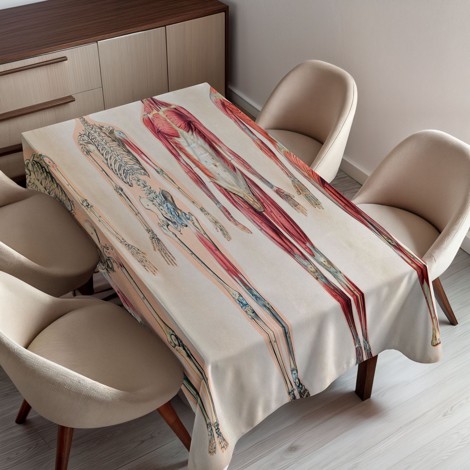 ABAKUHAUS Menselijke Anatomie Tafelkleed, Vintage Kaart van Lichaam Voor- en Achterzijde Skelet en Spierstelsel Botmassa Grafiek, Rechthoekig Tafelkleed voor Eetkamer Keukendecoratie, 150 x 200 cm, Robijnrood Crème