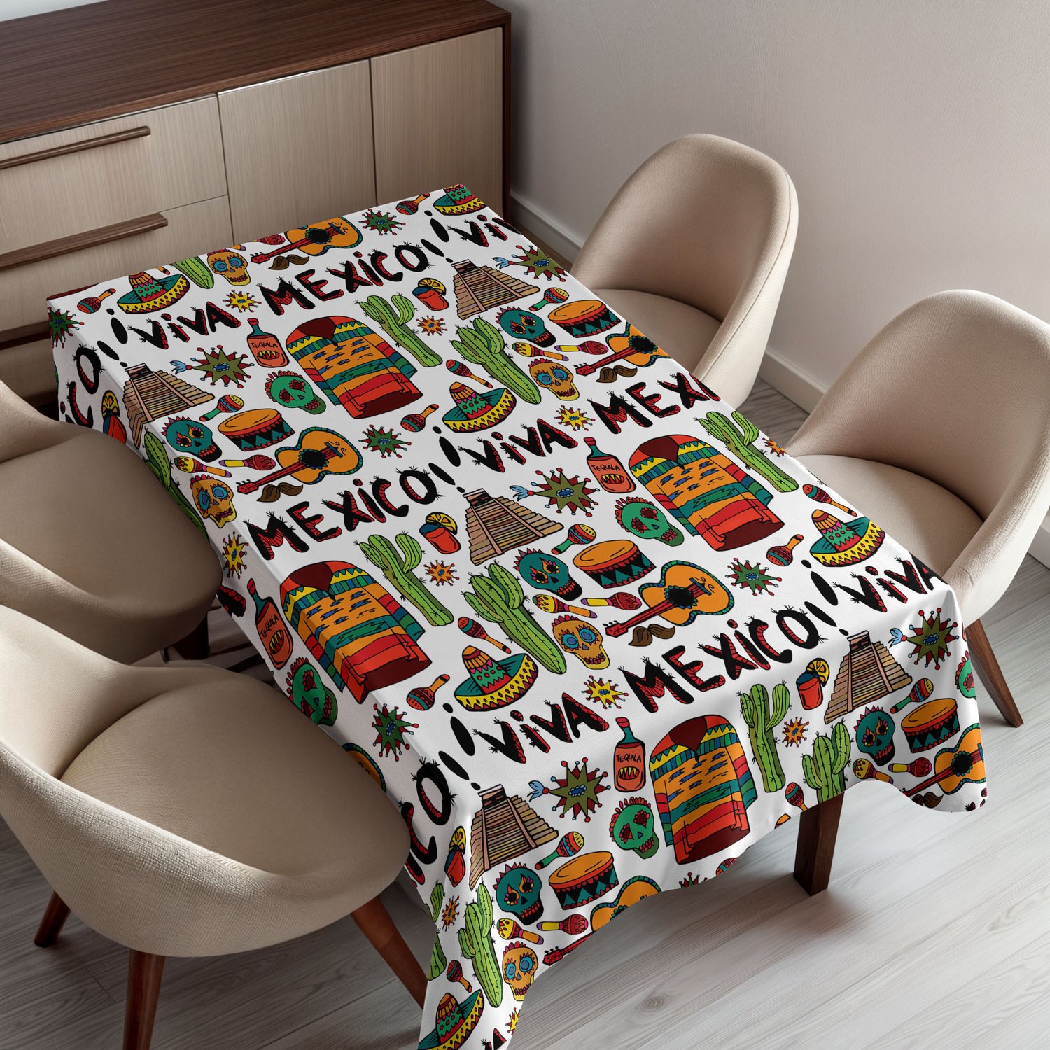 ABAKUHAUS Mexicaans Tafelkleed, Viva Mexico met Inheemse Elementen Poncho Tequila Salsa en Hete Pepers Afbeelding, Rechthoekig Tafelkleed voor Eetkamer Keukendecoratie, 150 x 200 cm, Oranje Bruin