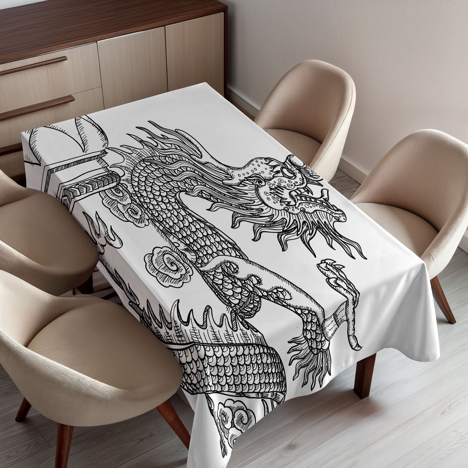 ABAKUHAUS Draak Tafelkleed, Chinees Stijl Wezen Schets Middeleeuws Monster Fantasie Tattoo Afbeelding, Rechthoekig Tafelkleed voor Eetkamer Keukendecoratie, 150 x 220 cm, Zwart Wit