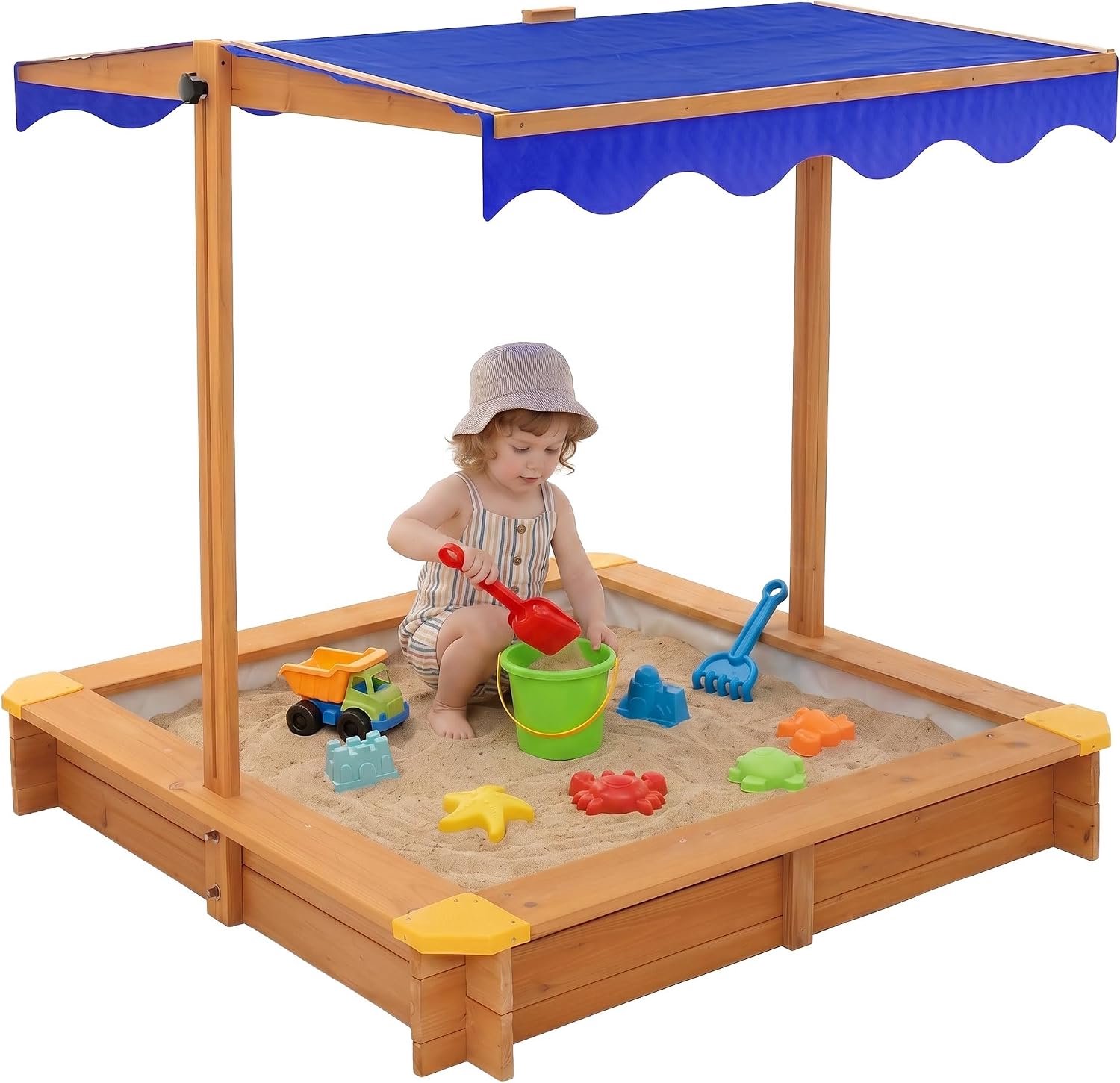 Houten Zandbak met Dak 118x118 cm, Kinderzandbak van Massief Hout met Afdekking, Bodemvlies en Randbescherming, UV50 Zonbescherming, Outdoor Speelzandbak, Tuin Zandspeelgoed voor Kinderen