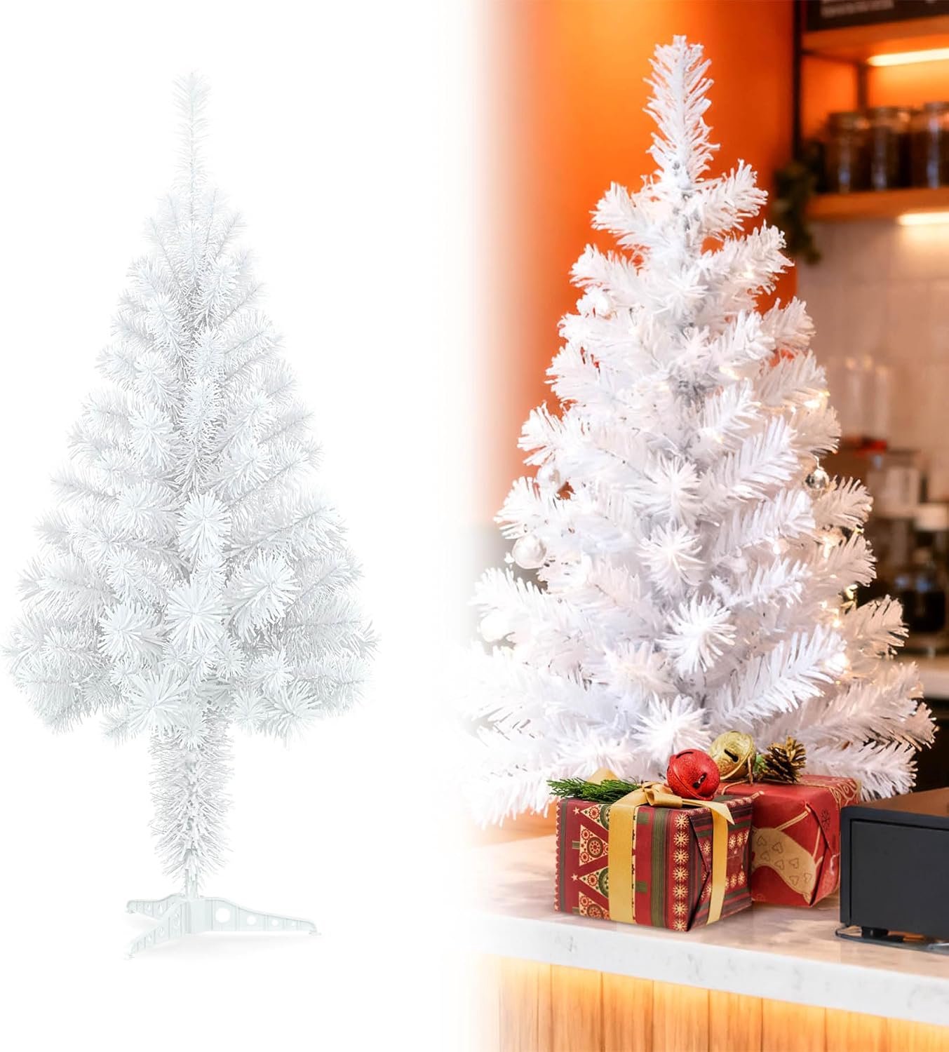 120 cm, decoratieve boom, pvc, kunstboom met standaard, dennenboom, kerstdecoratie, moeilijk ontvlambare kerstboom, kunstmatige kerstboom, voor binnen en buiten, wit