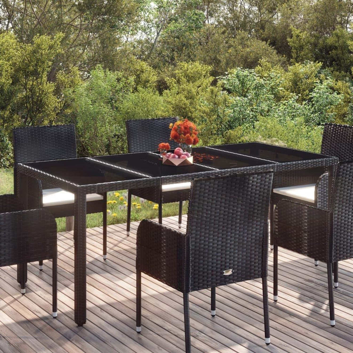 Outdoor, tuintafel, tuintafel, tuintafel met glasplaat, zwart, 190 x 90 x 75 cm, polyrotan grasveld, tuin, terras