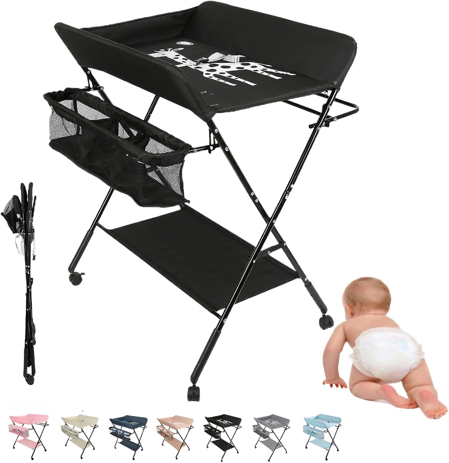 Inklapbaar, afneembare luiertafel met kleppen en opbergmand, draagbaar, in hoogte verstelbaar, voor baby's (zwart, 80 x 66 x 98 cm)