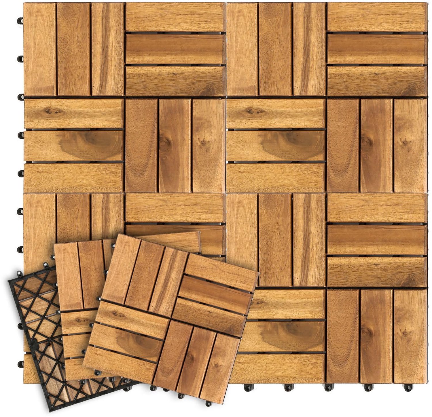 Houten terrastegels, acaciahout, balkontegels, 30 x 30 cm, met kliksysteem, 12 latten, 99 stuks (9 m²), weerbestendige outdoor vloerbedekking voor balkon en terras