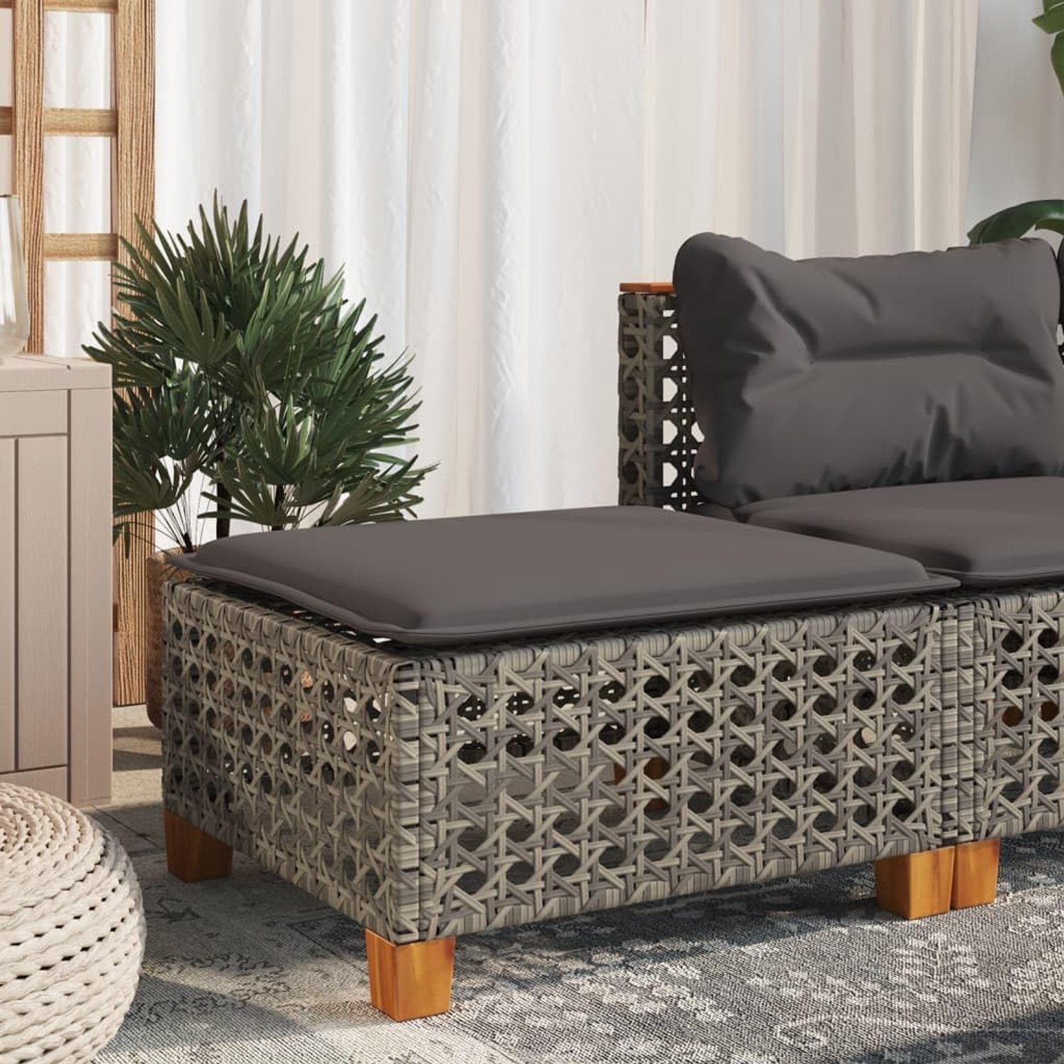 Tuinkruk van polyrotan, kruk met kussen, outdoor voetenbank voor lounge-set, grijs, 63,5 x 56 x 32 cm