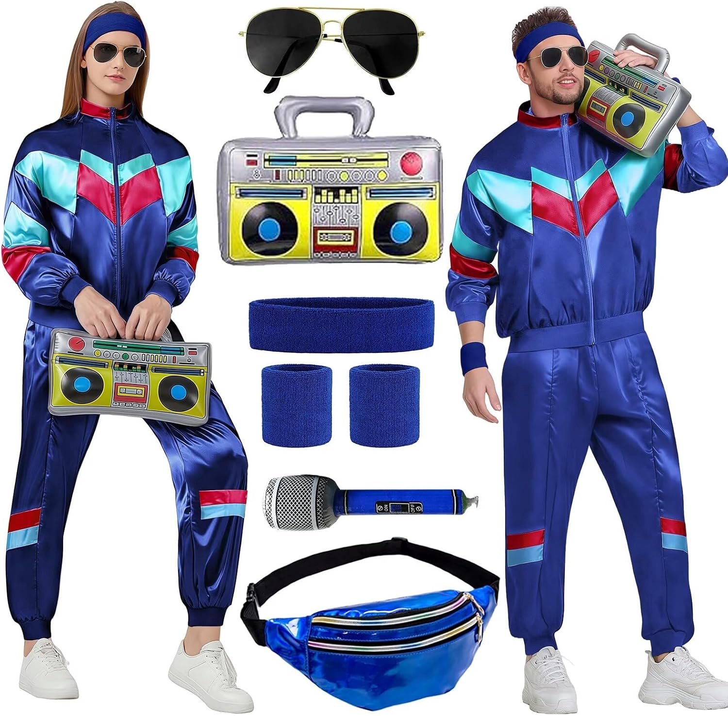 Trainingspak voor heren en dames, jaren 80 en 90, sportoutfit, joggingpak, retro pak, disco, trainingspak, hiphop, sportpak, set voor bad, party, carnaval