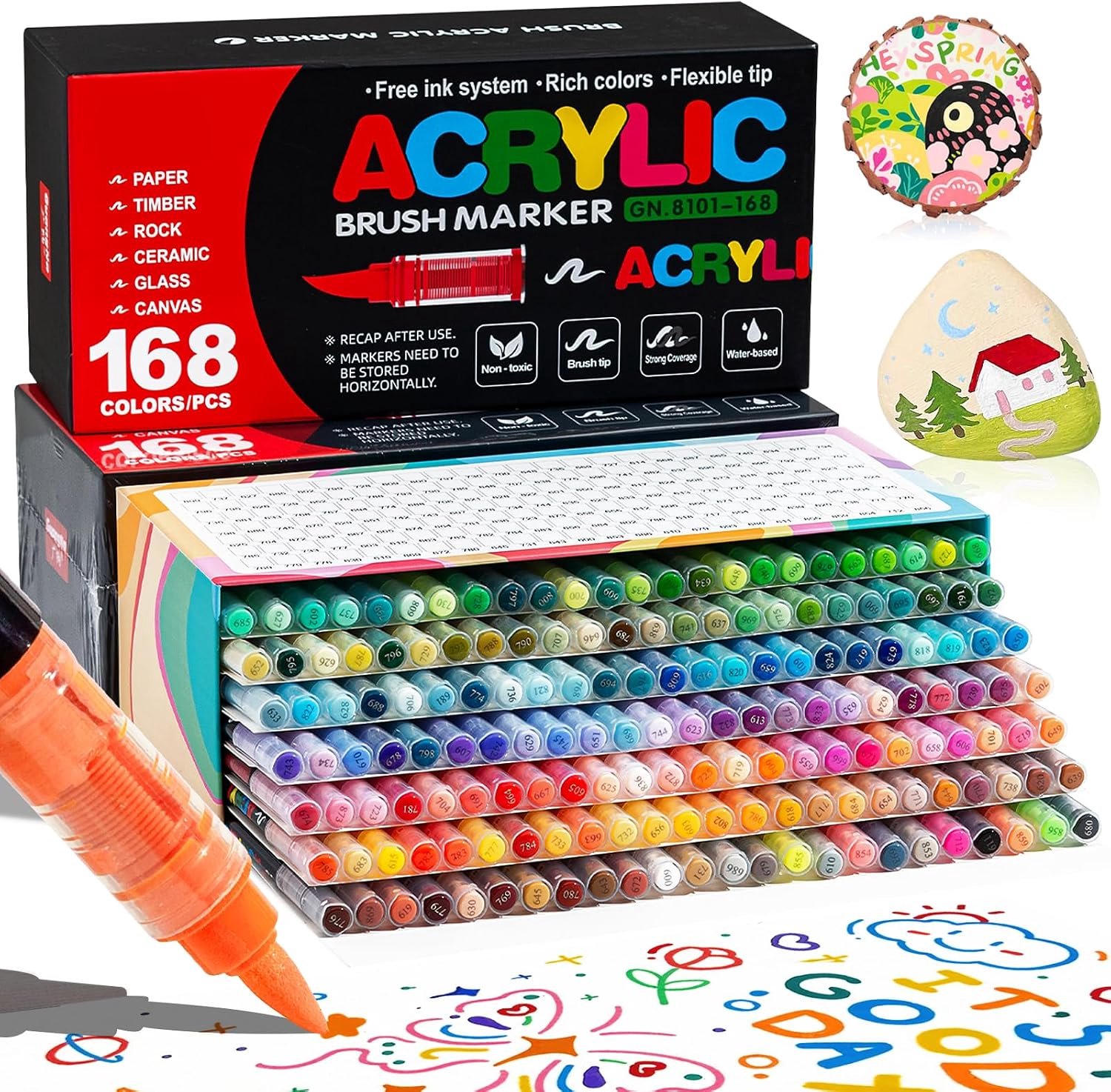 Waterdicht, 168 Kleuren Acrylmarker met Borsteltip 1-5 mm, Acrylverfstiften Acrylic Marker voor Steen, Hout, Glas, Keramiek, Stof, Canvas