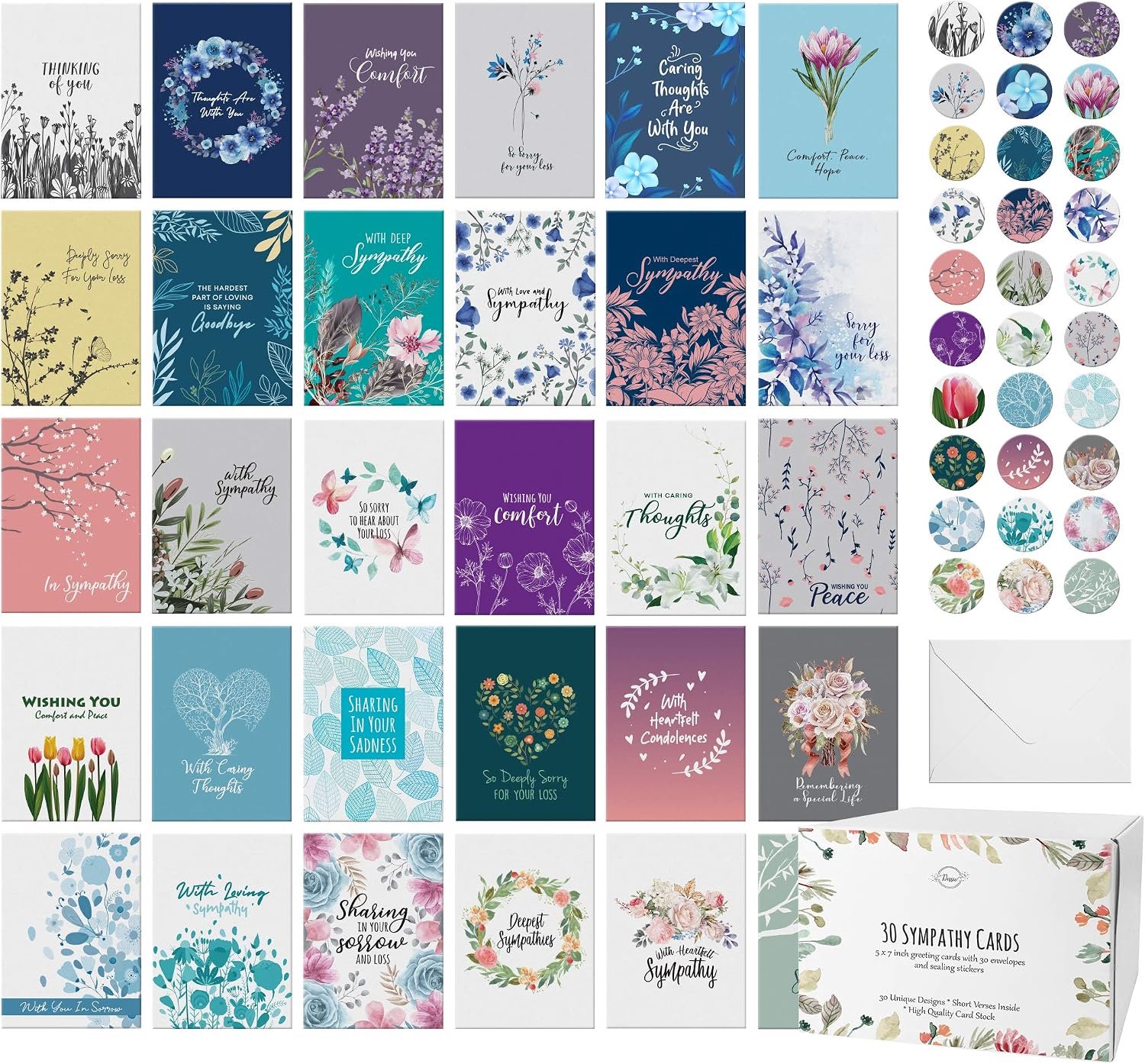 Unieke sympathiekaarten met groeten binnen, enveloppen en bijpassende afdichtingsstickers. Inclusief stevige opbergdoos, 30 grote kaarten