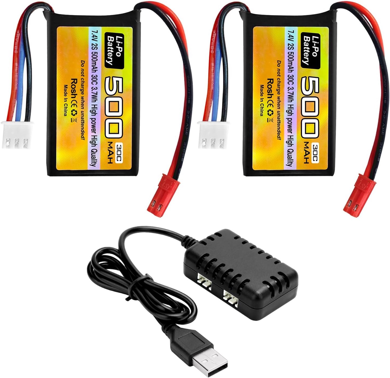 2PCS 7.4V 500mAh 30C JST-2P Plug Lipo Batterij met 2-in-1 Lader voor RC Helikopters, Quadcopters, Kleine Vliegtuigen, Micro FPV Racing Drones, RC Auto's, Vrachtwagens, en High-Speed Voertuigen