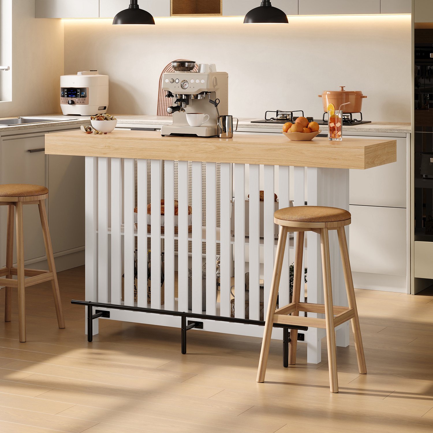 Clruro Bartafel - 160 x 40 x 105 cm - Voetsteun - 2-Laags Rek - MDF - Houtlook Wit