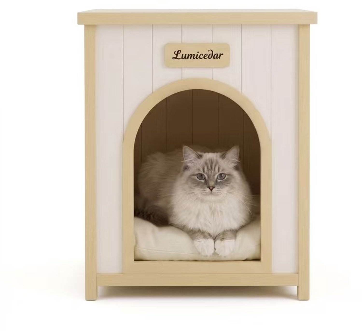 Hondenhok voor binnen - Houten bijzettafel met uitneembaar kussen - Scandinavisch huisdierenmeubel voor kleine honden en katten - Crèmewit