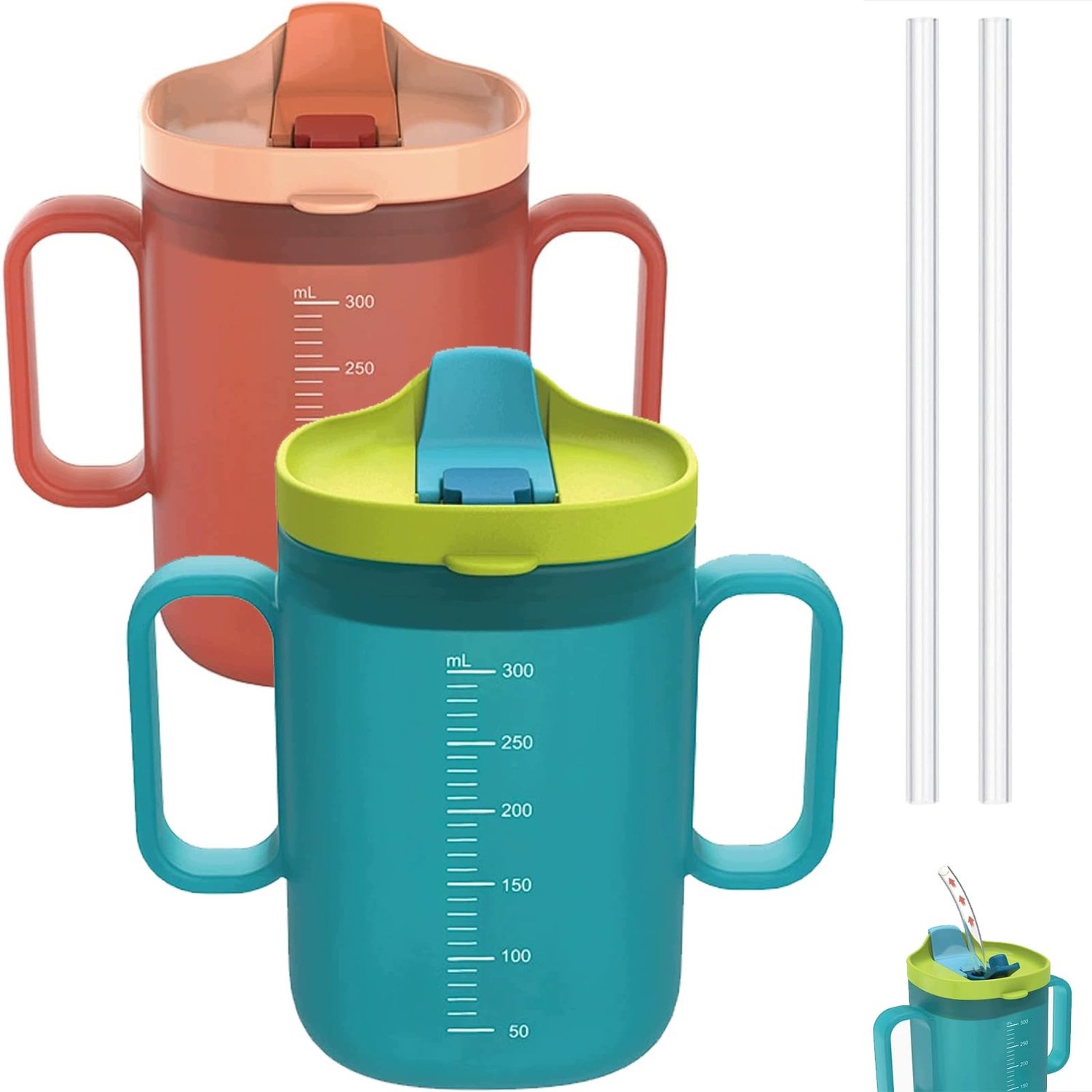 Set van 2 anti-lekbekers met handvat en rietje voor volwassenen, 300ml