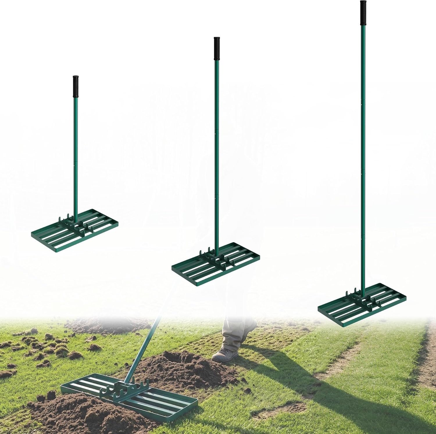 Leveling Rake rakel 75 x 25 cm groen, verstelbare nivelleringshark 95,5-185 cm met roestvrijstalen handgreep en rubberen handgreep, gazonhark, ideaal voor gazononderhoud, tuinverzorging