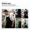 Collage van vijf foto's: chef in restaurant, ober, bakker, man bij barbecue, vrouw in tuin. Allemaal met zwart schort.