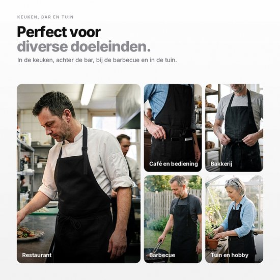 Collage van vijf foto's: chef in restaurant, ober, bakker, man bij barbecue, vrouw in tuin. Allemaal met zwart schort.