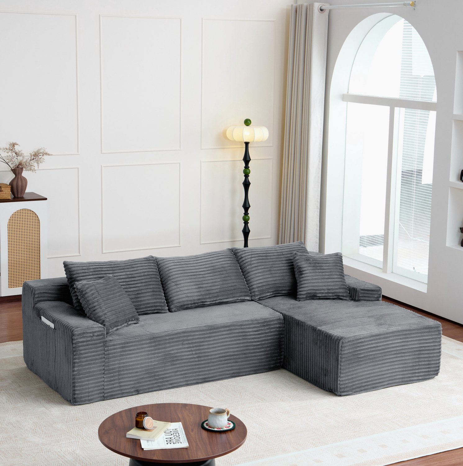 MIVRAY Hoekbank 239 x 156 x 79 cm - Modulaire L Vorm met Rechterhoek en Losse Elementen - Voor Woonkamer en Slaapkamer - Ribstof - Grijs