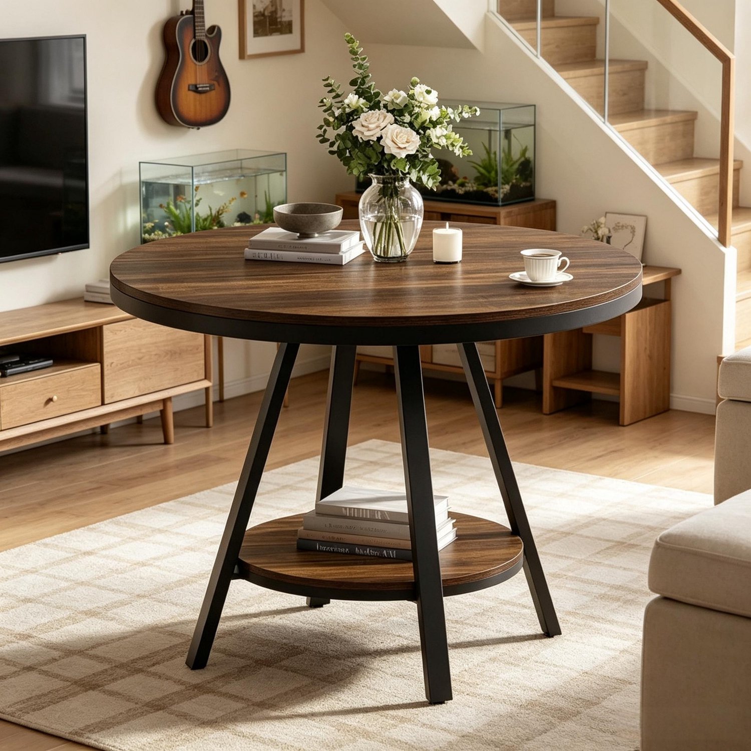 CHICFURN Eettafel 90 cm - 2 tot 4 personen - Met opbergplank - Rond - Bruin