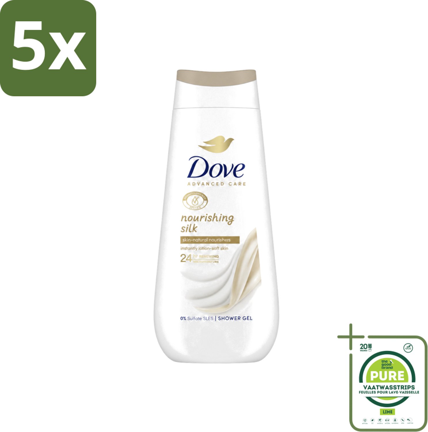 5 x Dove Douchecrème - Nourishing Silk - 225 ml - Grootverpakking - Vaatwasstrips - Douchecrème - Huid Verzorging - Zijdezachte Huid - Droge Huid - Hydratatie