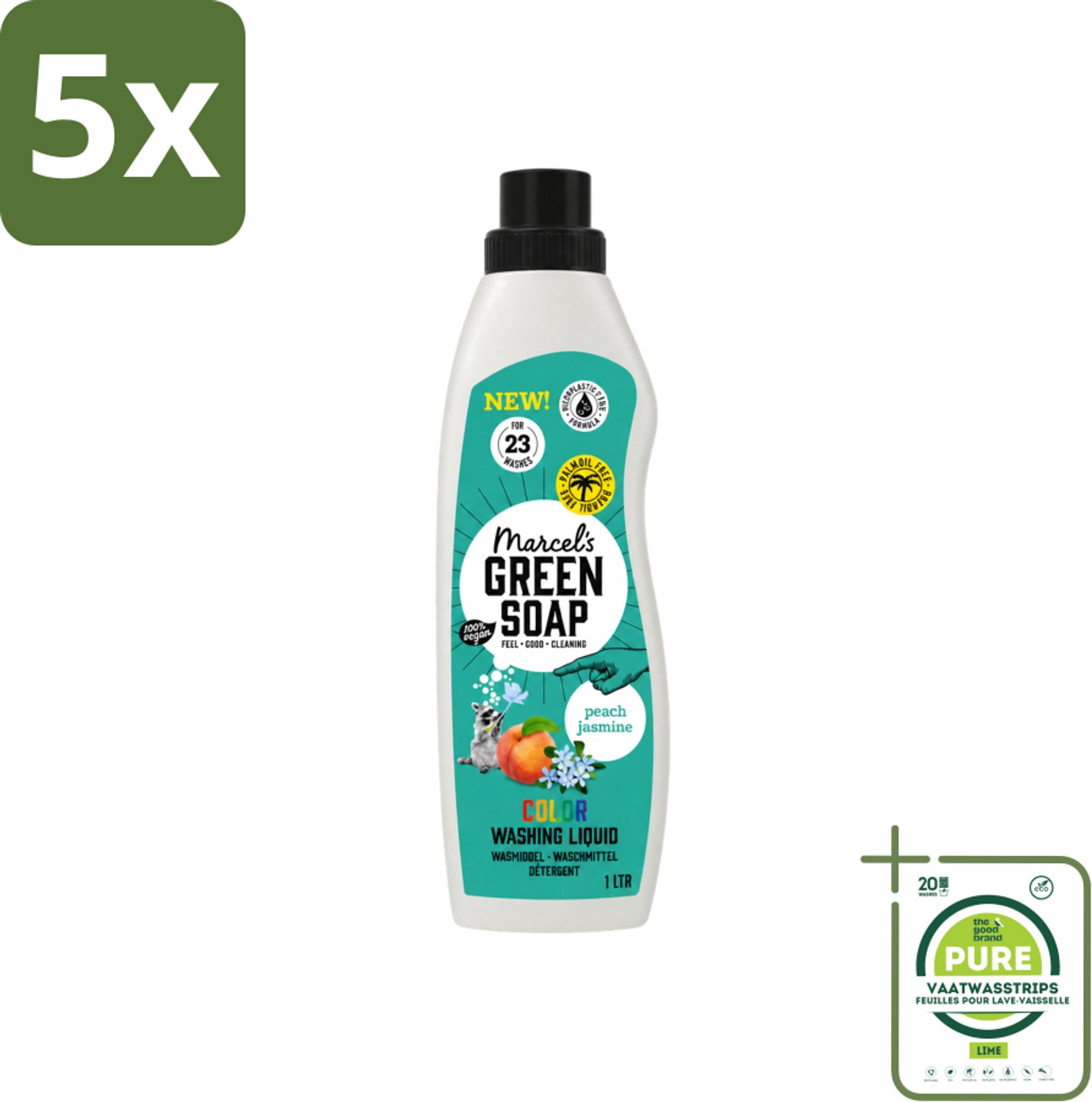 5 x Marcel's Green Soap - Vloeibaar Wasmiddel - Kleur - Perzik & Jasmijn - Effectief & natuurlijk - 23 Wasbeurten - 1 liter - Grootverpakking - Vaatwasstrips - Wasmiddel - Natuurlijk Wasmiddel - Kleur Behoud - Duurzaam Wasmiddel - Palmolie Vrij