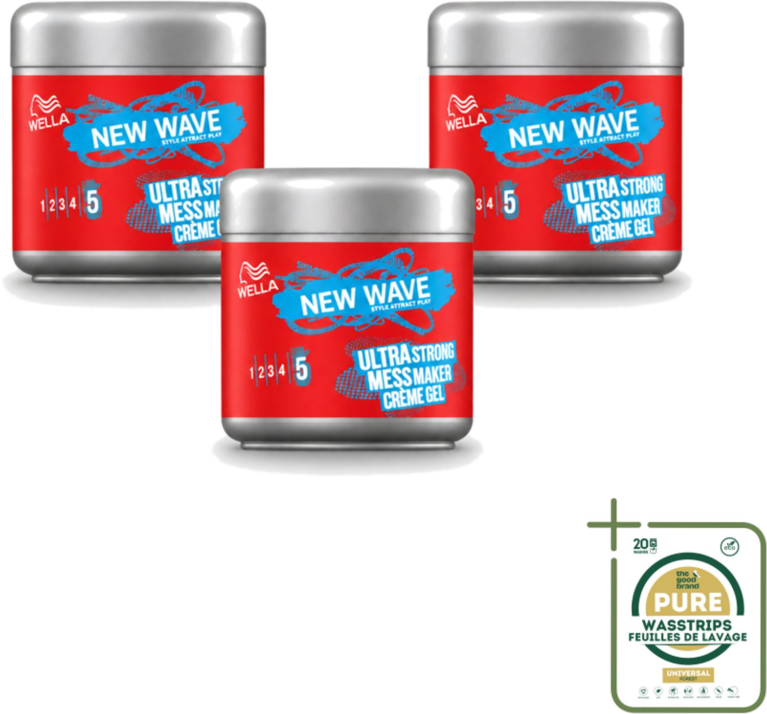 3 x Wella – New Wave Mess Maker Ultra Strong – Haargel – 150 ml - Wasstrips - Warrige Look - Haarstyling Gel - Crème-gel - Haarfixatie - Natuurlijke Look