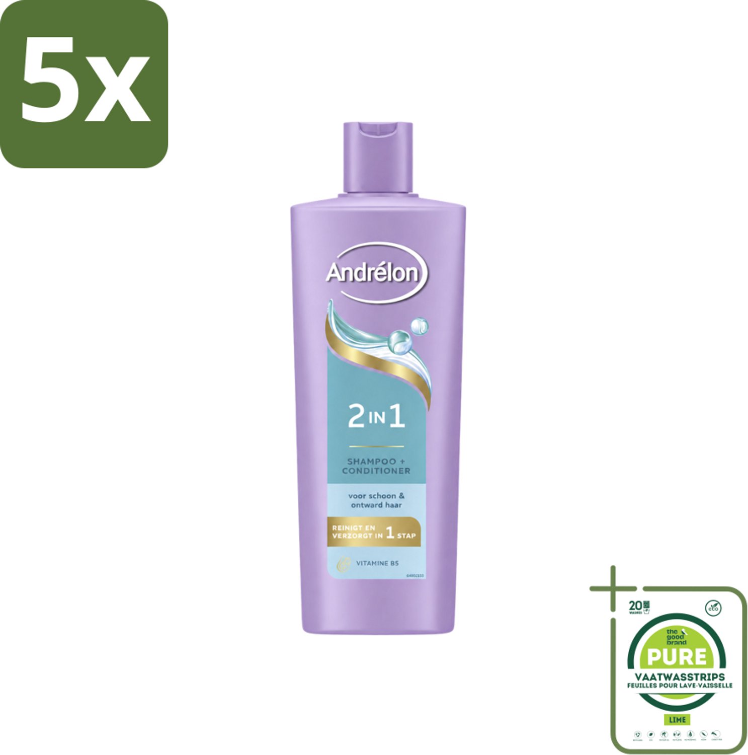5 x Andrélon – Shampoo 2-in-1 – Iedere Dag – 400 ml - Grootverpakking - Vaatwasstrips - Haar Verzorgen - Haar Reinigen - Shampoo En Conditioner - Vitamine B5 - 2-in-1 Shampoo